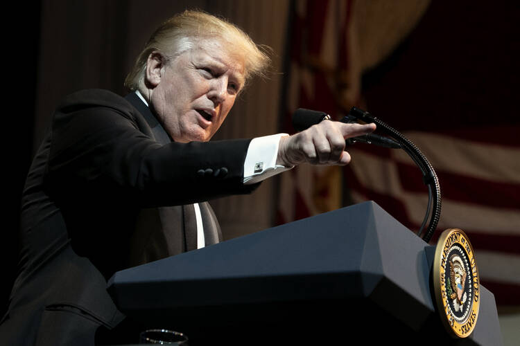 President Donald Trump speaks at the Ford’s Theatre Annual Gala, on June 2, in Washington. Mr. Trump’s approval ratings among U.S. Catholics closely mirror those among all U.S. voters—but there are major differences between white and Hispanic Catholics.(AP Photo/Jacquelyn Martin)