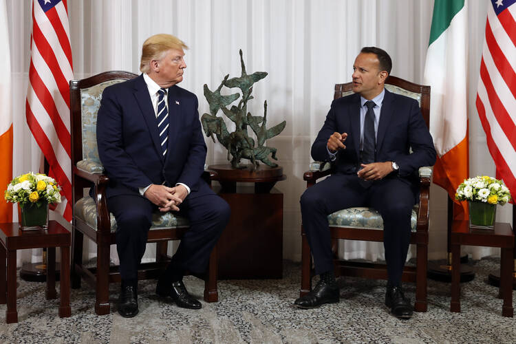 U.S. President Donald Trump meets with Irish Prime Minister Leo Varadkar on June 5 in Shannon, Ireland. Mr. Varadkar had pledged that Ireland would be a leader in responding to climate change, but it is not necessarily doing any better than the United States is. (AP Photo/Alex Brandon)