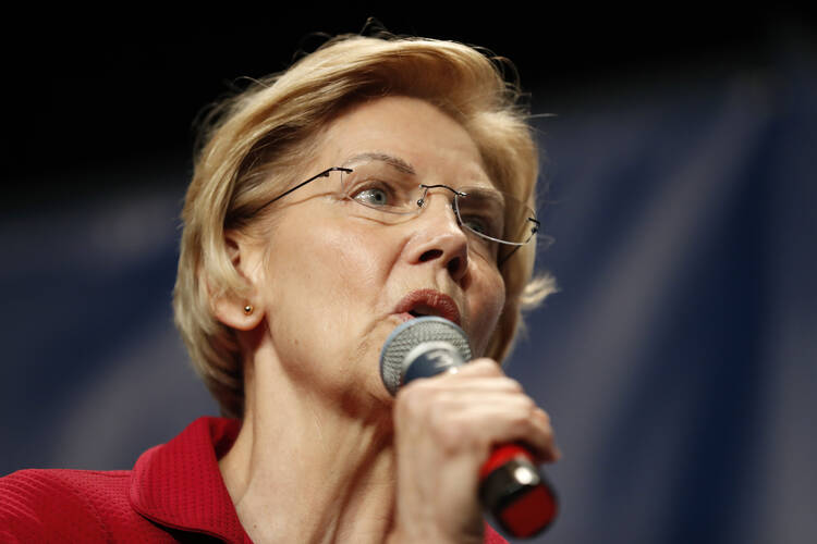 In this June 9, 2019, file photo, Democratic presidential candidate Elizabeth Warren speaks during the Iowa Democratic Party's Hall of Fame Celebration in Cedar Rapids, Iowa. (AP Photo/Charlie Neibergall)