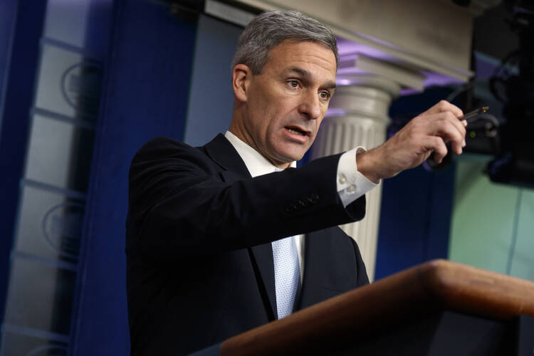 Acting Director of United States Citizenship and Immigration Services Ken Cuccinelli, speaks during a briefing at the White House, Monday, Aug. 12, 2019, in Washington. (AP Photo/Evan Vucci)