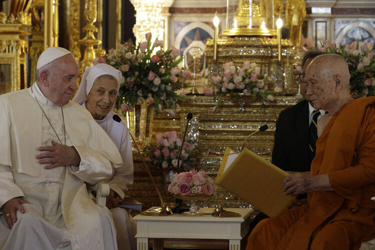 Pope Francis, left, and his cousin, Sister Ana Rosa Sivori visit the Supreme Buddhist Patriarch at Was Ratchabophit Sathit Maha Simaram Temple, Thursday, Nov. 21, 2019, in Bangkok, Thailand.