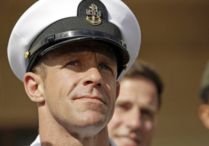 Navy SEAL Edward Gallagher leaves a military court on Naval Base San Diego on July 2, 2019. (AP Photo/Gregory Bull, File)