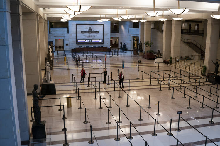 Queues prepared for tourists at the Capitol Visitor Center before organized visits were shut down in Washington, on March 12, 2020. (AP Photo/J. Scott Applewhite)