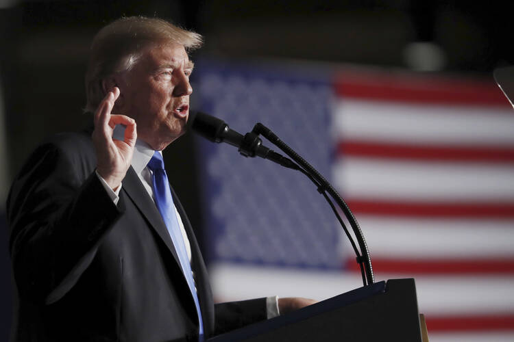 President Donald Trump speaks at Fort Myer in Arlington Va., Monday, Aug. 21, 2017, during a Presidential Address to the Nation about a strategy he believes will best position the U.S. to eventually declare victory in Afghanistan. (AP Photo/Carolyn Kaster)