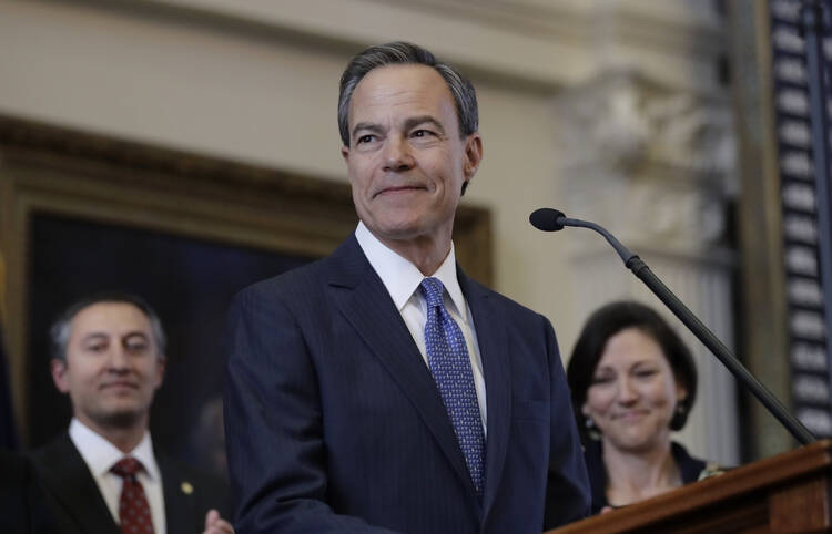 In this Jan. 10, 2017, file photo, Texas Speaker of the House Joe Straus, R-San Antonio, stands before the opening of the 85th Texas Legislative session in the house chambers at the Texas State Capitol in Austin, Texas.  (AP Photo/Eric Gay, File)
