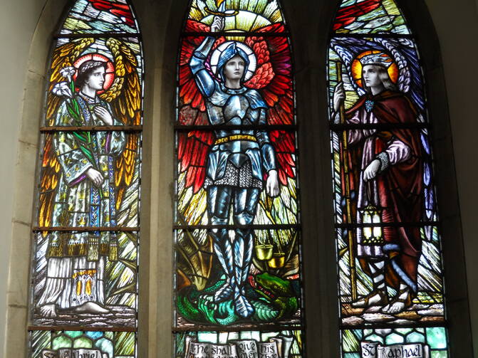The Archangels Gabriel, Micheal, and Raphael depicted in St Ailbe's Church, in Ireland. (Wikipedia commons)