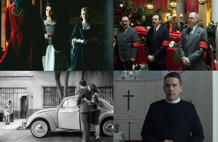 Clockwise from top left: "The Favourite," "The Death of Stalin," "First Reformed and "Roma"