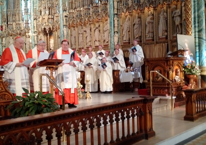 Cardinals Marc Ouellet, prefect of the Congregation for Bishops, Thomas Collins of Toronto and Gerald Lacroix of Quebec read the prayer for the consecration of Canada to the Immaculate Heart of Mary at Notre Dame Cathedral Basilica in Ottawa on Sept. 26. (CNS photo/Deborah Gyapong, Canadian Catholic News)