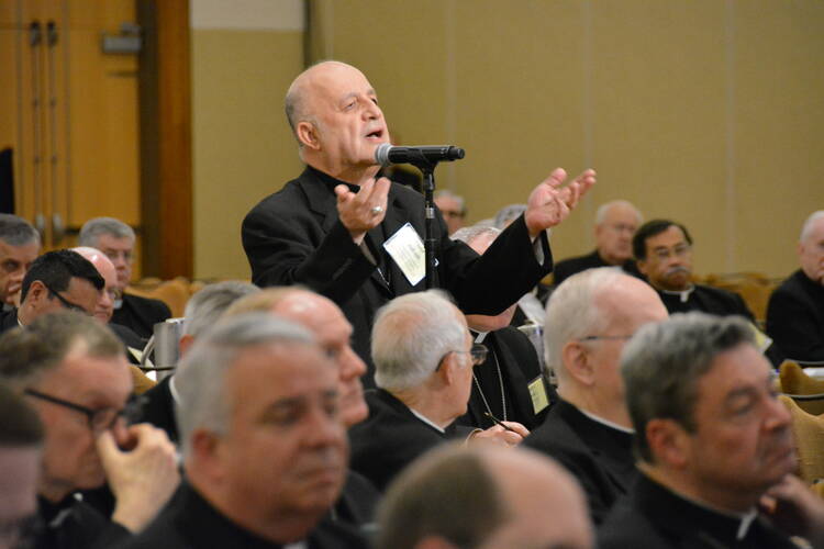 Syriac Bishop Barnaba Yousif Habash of Newark, N.J., speaks June 14 during the opening sesson of the U.S. Conference of Catholic Bishops' annual spring assembly in Indianapolis. (CNS photo/Natalie Hoefer, The Criterion) 