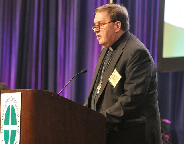 Cardinal Joseph W. Tobin of Newark, N.J., speaks June 14 of the opening day of the U.S. Conference of Catholic Bishops' annual spring assembly in Indianapolis. (CNS photo/Sean Gallagher, The Criterion)