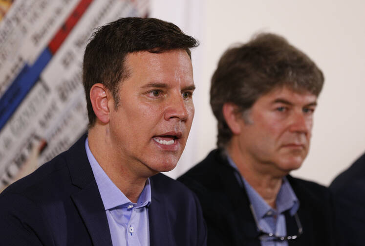 Chilean clerical sex abuse survivors Juan Carlos Cruz and James Hamilton attend a news conference at the Foreign Press Association building in Rome May 2. (CNS photo/Paul Haring)