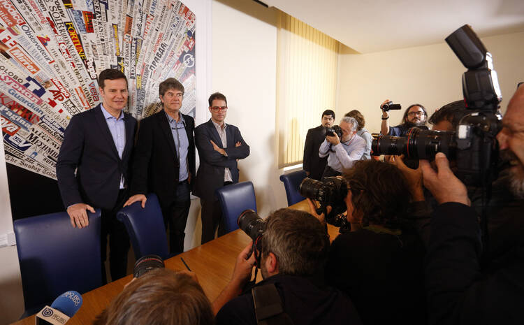 Chilean clerical sex abuse survivors Juan Carlos Cruz, James Hamilton and Jose Andres Murillo in Rome, May 2. The three met Pope Francis individually at the Vatican April 27-29. The Vatican announced on May 22 that a second group of abuse victims will visit the pope in June (CNS photo/Paul Haring).