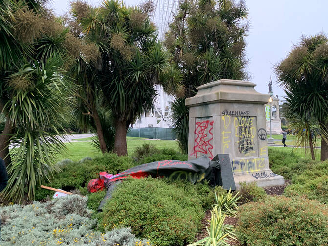 A vandalized statue of St. Junipero Serra in San Francisco is seen June 19, 2020. The Spanish Franciscan founded several missions in what is now California. (CNS photo/David Zandman via Reuters) 