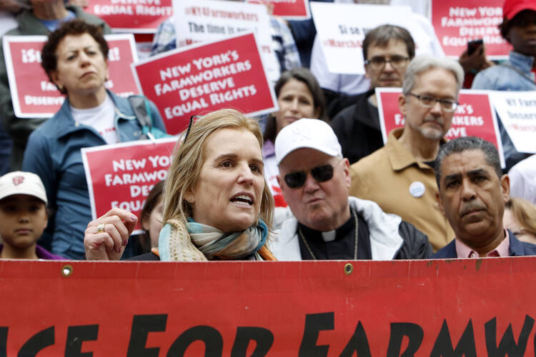 Human rights activist Kerry Kennedy speaks at a rally, May 21, 2016, at New York City Hall during the March for Farmworker Justice (CNS photo/Gregory A. Shemitz).