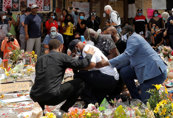 Terrence Floyd, the brother of George Floyd, reacts at a makeshift memorial at the spot where he was taken into custody in Minneapolis June 1, 2020. Demonstrations continue after a white police officer was caught on a bystander's video May 25 pressing his knee into the neck of George Floyd, an African American, who later died at a hospital. (CNS photo/Lucas Jackson, Reuters)