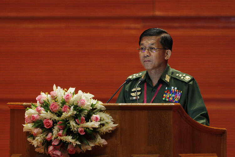Senior Gen. Min Aung Hlaing, Myanmar military commander-in-chief, speaks during the Union Peace Conference Aug. 31 in Naypyitaw (CNS photo/Hein Htet, EPA). 