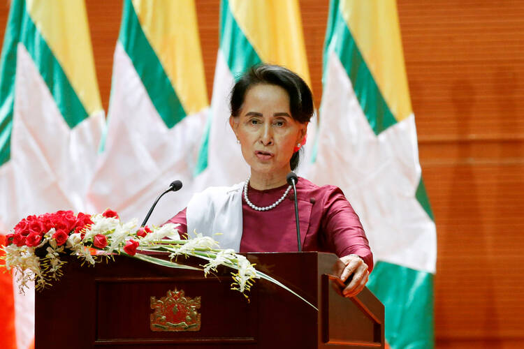 Aung San Suu Kyi, state counselor and foreign affairs minister and Myanmar's de-facto leader, delivers a speech to the nation Sept. 19 in Naypyitaw about the Rakhine and Rohingya situation. (CNS photo/Soe Zeya Tun, Reuters)