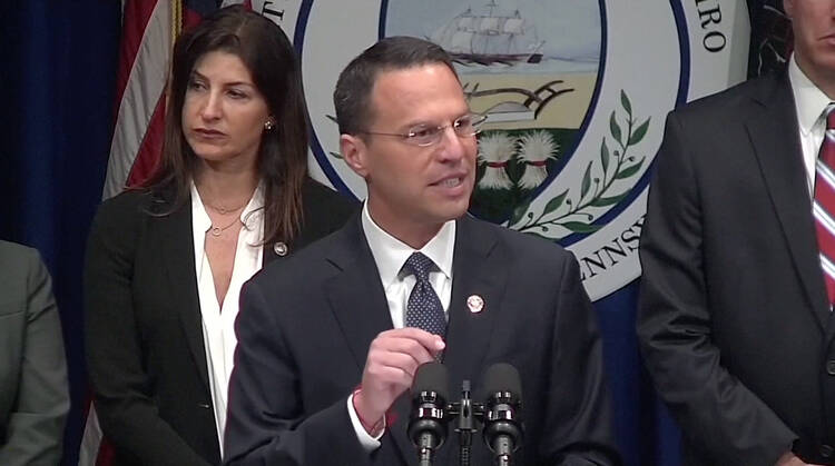  In a screen grab taken from video, Pennsylvania Attorney General Josh Shapiro speaks during an Aug. 14 news conference to release a grand jury on a months-long investigation into abuse claims spanning a 70-year period in the dioceses of Harrisburg, Pittsburgh, Scranton, Allentown, Greensburg and Erie. (CNS photo/Reuters video) 