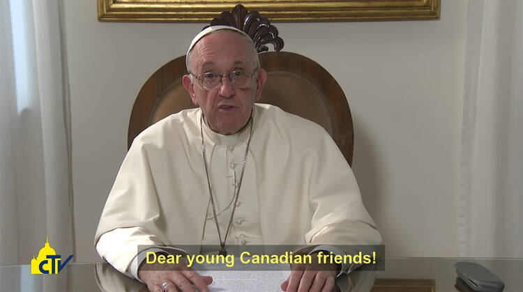 Pope Francis speaks from the Vatican as he addresses Canadian youths in a video message that was included in a Salt and Light Television program on Oct. 22 (CNS photo/courtesy Holy See Press Office).