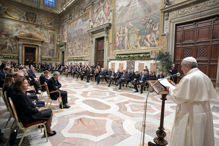Pope Francis speaks during the European Union summit at the Vatican March 24 (CNS photo/L'Osservatore Romano via Reuters).