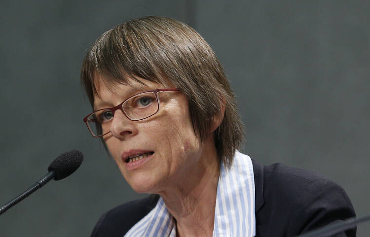 Medical Mission Sister Birgit Weiler speaks at a news conference after a session of the Synod of Bishops for the Amazon at the Vatican Oct. 11, 2019. (CNS photo/Paul Haring) 