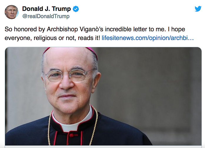 U.S. President Donald Trump tweeted June 11 that he was "honored" by an open letter written by Archbishop Carlo Maria Vigano, who served as nuncio to the United States from 2011 to 2016. In the letter, the former nuncio claimed that lockdown restrictions and unrest in the United States were part of a plot to establish a new world order. (CNS photo/Twitter) 