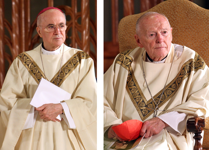 El arzobispo Carlo Maria Vigano, entonces nuncio en los Estados Unidos, y el entonces cardenal Theodore E. McCarrick de Washington, se ven en una foto combinada durante la misa de beatificación de la Beata Miriam Teresa Demjanovich en la Catedral Basílica del Sagrado Corazón en Newark, Nueva Jersey. 4 de octubre de 2014. (Foto CNS / Gregory A. Shemitz)