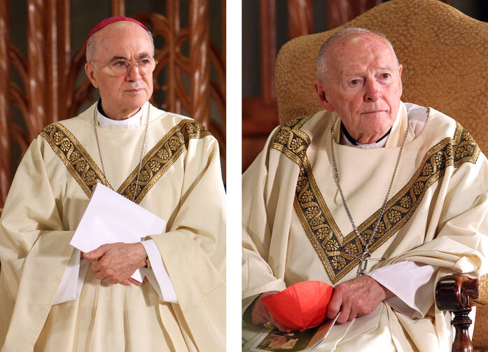  Archbishop Carlo Maria Vigano, then nuncio to the United States, and then-Cardinal Theodore E. McCarrick of Washington, are seen in a combination photo during the beatification Mass of Blessed Miriam Teresa Demjanovich at the Cathedral Basilica of the Sacred Heart in Newark, N.J., Oct. 4, 2014. (CNS photo/Gregory A. Shemitz)
