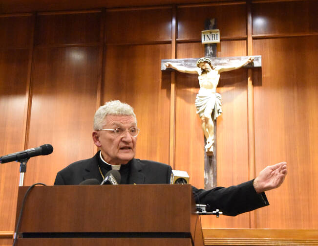 Bishop David A. Zubik of Pittsburgh addresses the media Aug. 14 at the pastoral center in Pittsburgh. (CNS photo/Chuck Austin, Pittsburgh Catholic)