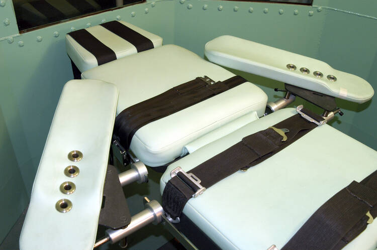 This undated photograph shows a close-up of the table where executions are carried out by lethal injection at San Quentin State Prison in California. (CNS photo/courtesy of California Department of Corrections) 