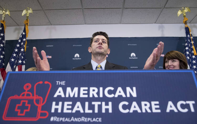 House Speaker Paul Ryan of Wis., accompanied by Rep. Cathy McMorris Rodgers, R-Wash., right, speaks at a news conference following a GOP party conference at the Capitol, Wednesday, March 15, 2017, in Washington. (AP Photo/Andrew Harnik)