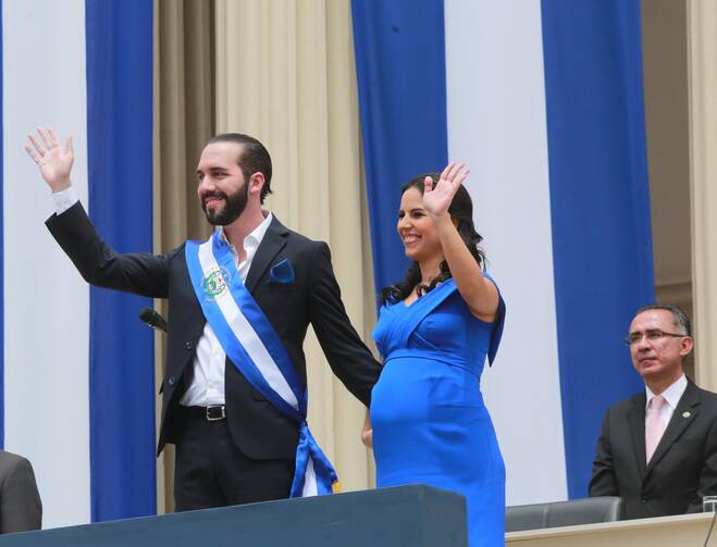 President Nayib Bukele and his wife Gabriela at the inaugural in Plaza Barrios in San Salvador, El Salvador, June 1, 2019. Official twitter account