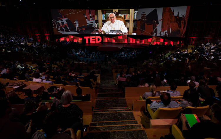In a video, His Holiness Pope Francis speaks at TED2017, April 25, 2017, Vancouver, BC, Canada. Photo: Ryan Lash / TED