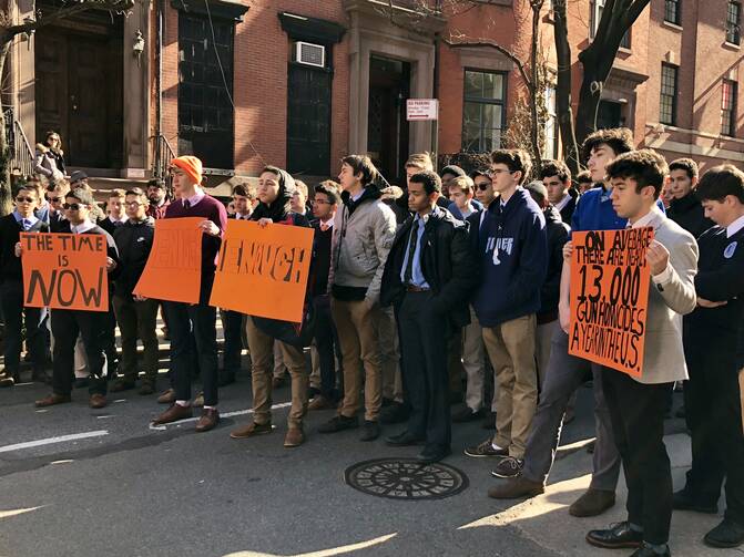 Xavier High School students fill West 16th Street during the National School Walkout Day. (Credit: Shawna Gallagher Vega/Xavier High School)