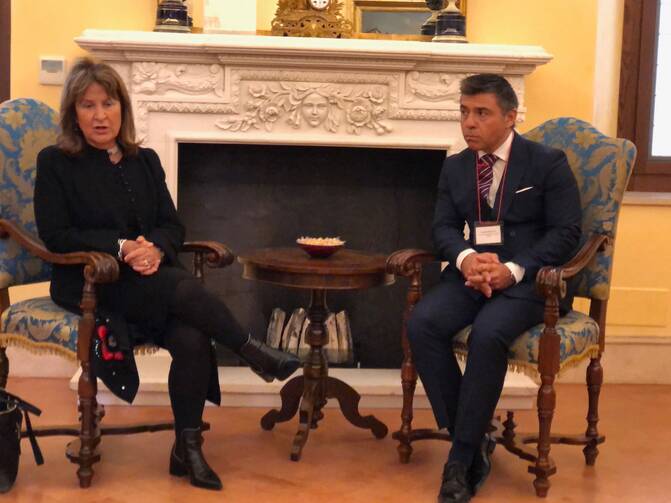 Baroness Helena Ann Kennedy, director of the International Bar Association's Human Rights Institute, and Leonardo Javier Raznovich, member of the Inter-American Institute of Human Rights, talk with journalists in Rome April 5, 2019. Photo by Gerard O'Connell.