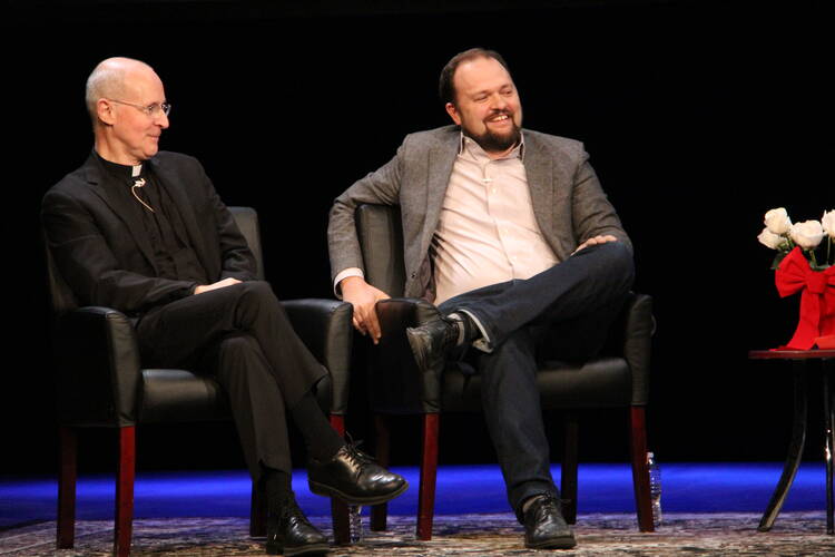Father James Martin, S.J. and Ross Douthat at the Civility in America Part 1: Religion event held at The Sheen Center on Dec. 13th. (America/Antonio DeLoera-Brust).