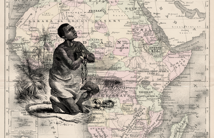a map with an enslaved person praying printed on front of it