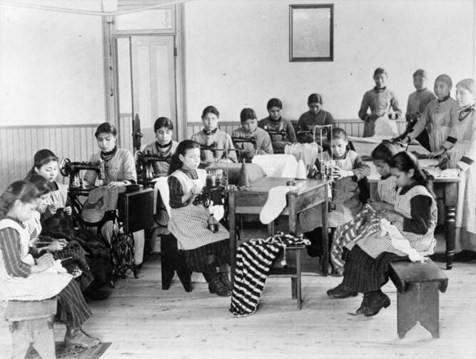 An Indian Residential school run by the church in the Northwest Territories, year unknown. Credit: Canada. Dept. of Mines and Technical Surveys / Library and Archives Canada