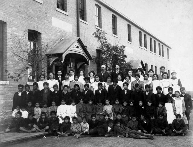 Residents of an “Indian school,” Regina, Saskatchewan, 1908.