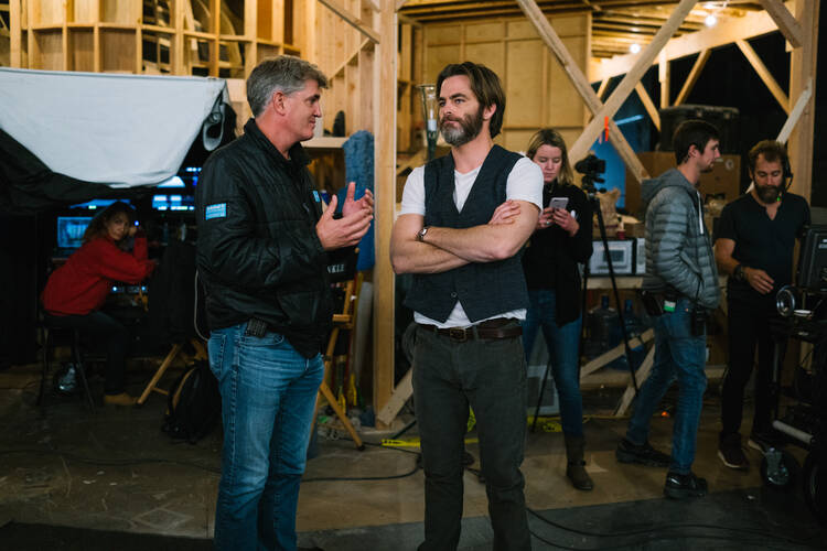 Jim Whitaker and Chris Pine on the set of ‘A Wrinkle of Time’