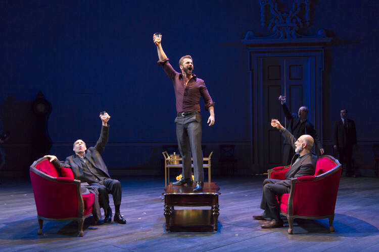 Daniel Oreskes, Michael Aronov, and Anthony Azizi (foreground) with Daniel Jenkins and Jeb Kreager (background). Photo by T. Charles Erickson