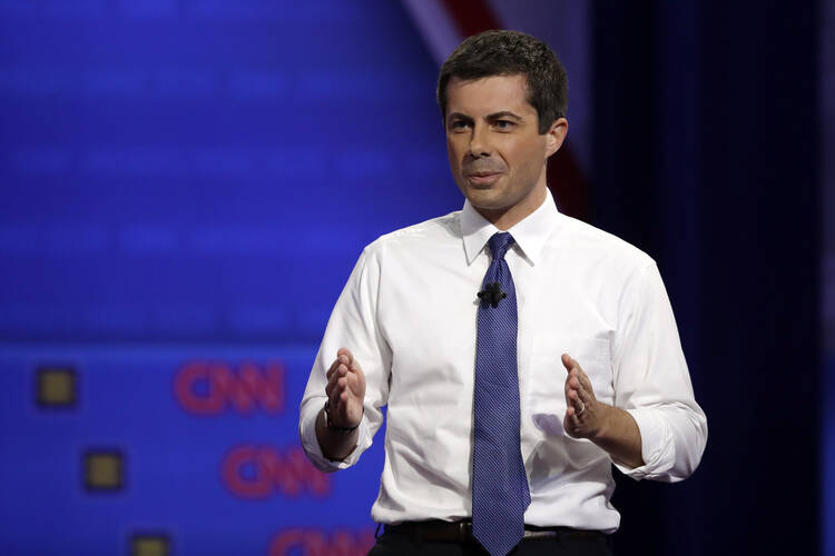 Democratic presidential candidate South Bend Mayor Pete Buttigieg speaks during the Power of our Pride Town Hall Thursday, Oct. 10, 2019, in Los Angeles. The LGBTQ-focused town hall featured nine 2020 Democratic presidential candidates. (AP Photo/Marcio Jose Sanchez)