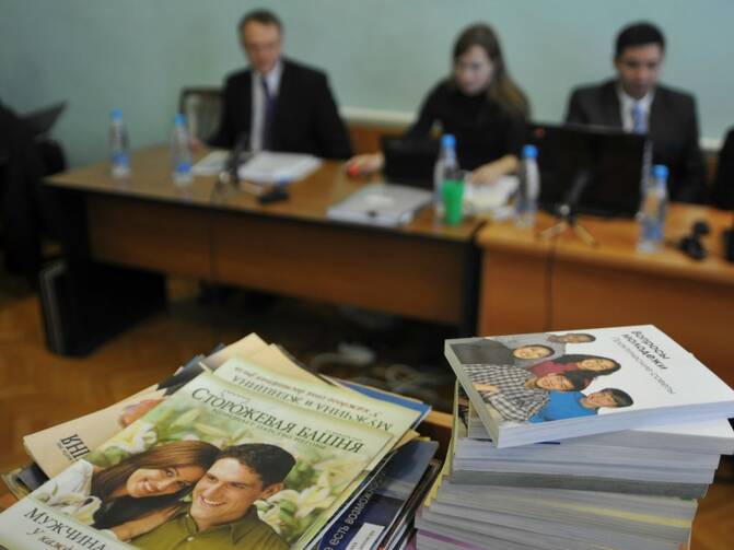 Stacks of booklets distributed by Jehovah’s Witnesses are seen during the court session on Dec. 16, 2010, in the Siberian town of Gorno-Altaysk, Russia. Photo courtesy of Reuters/Alexandr Tyryshkin
