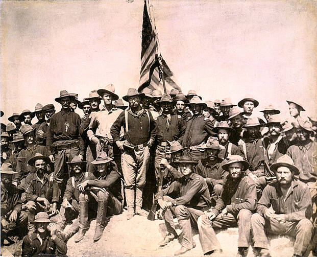 Colonel Roosevelt and his Rough Riders at the top of the hill which they captured, Battle of San Juan (photo: Library of Congress).