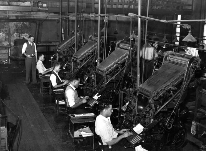 Linotype operators of The Chicago Defender. Photo by Russell Lee. Source: US Library of Congress.