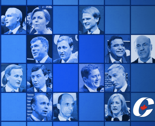 The 14 candidates for leader of the Conservative Party of Canada are featured on the party's website, with Kellie Leitch in the middle of the first row and Kevin O'Leary at the end of the second row.