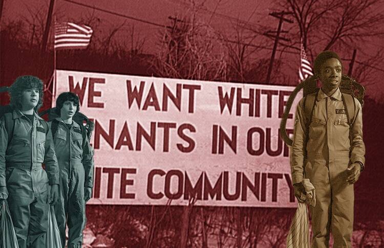 Front: Lucas, Mike, and Dustin from Season 2 of Stranger Things. Back: A sign erected by white tenants seeking to prevent blacks from moving into a housing project in Detroit, 1942. (Netflix, Wikipedia Commons)