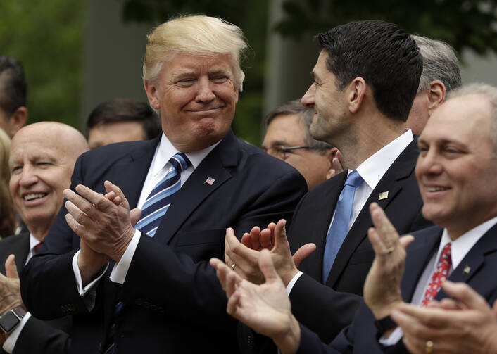 President Donald Trump joins House Speaker Paul Ryan of Wis., in the Rose Garden of the White House in Washington, Thursday, May 4, 2017, after the House pushed through a health care bill. (AP Photo/Evan Vucci)