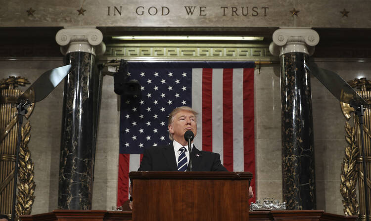 President Donald Trump addresses a joint session of Congress on Capitol Hill in Washington, on Tuesday, Feb. 28, 2017. (Jim Lo Scalzo/Pool Image via AP)