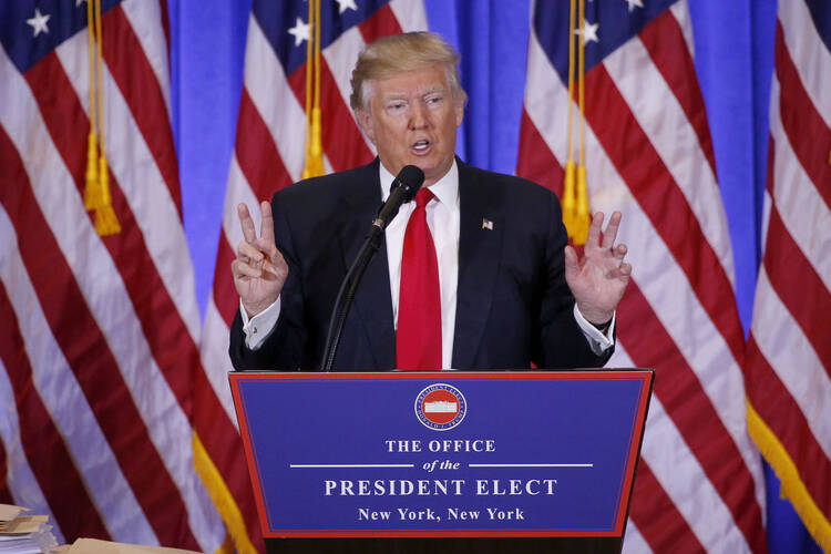 U.S. President-elect Donald Trump speaks Jan. 11 during a news conference in the lobby of Trump Tower in New York City. (CNS photo/Lucas Jackson, Reuters)